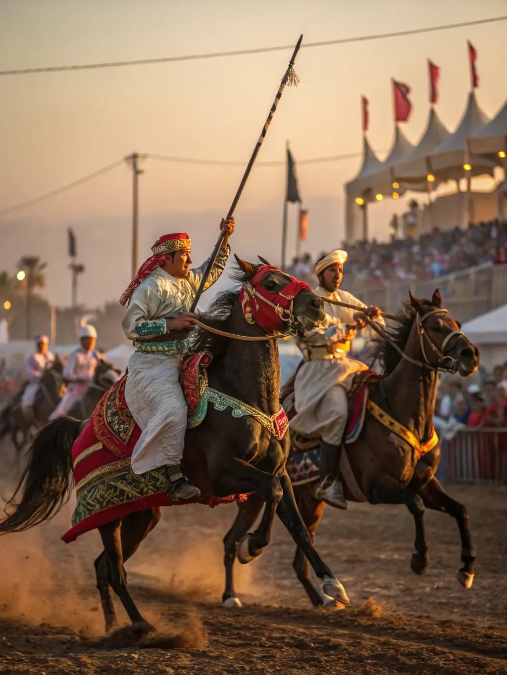 An image of a cultural event featuring traditional equestrian performances, showcasing the rich heritage and artistic expression associated with horses.