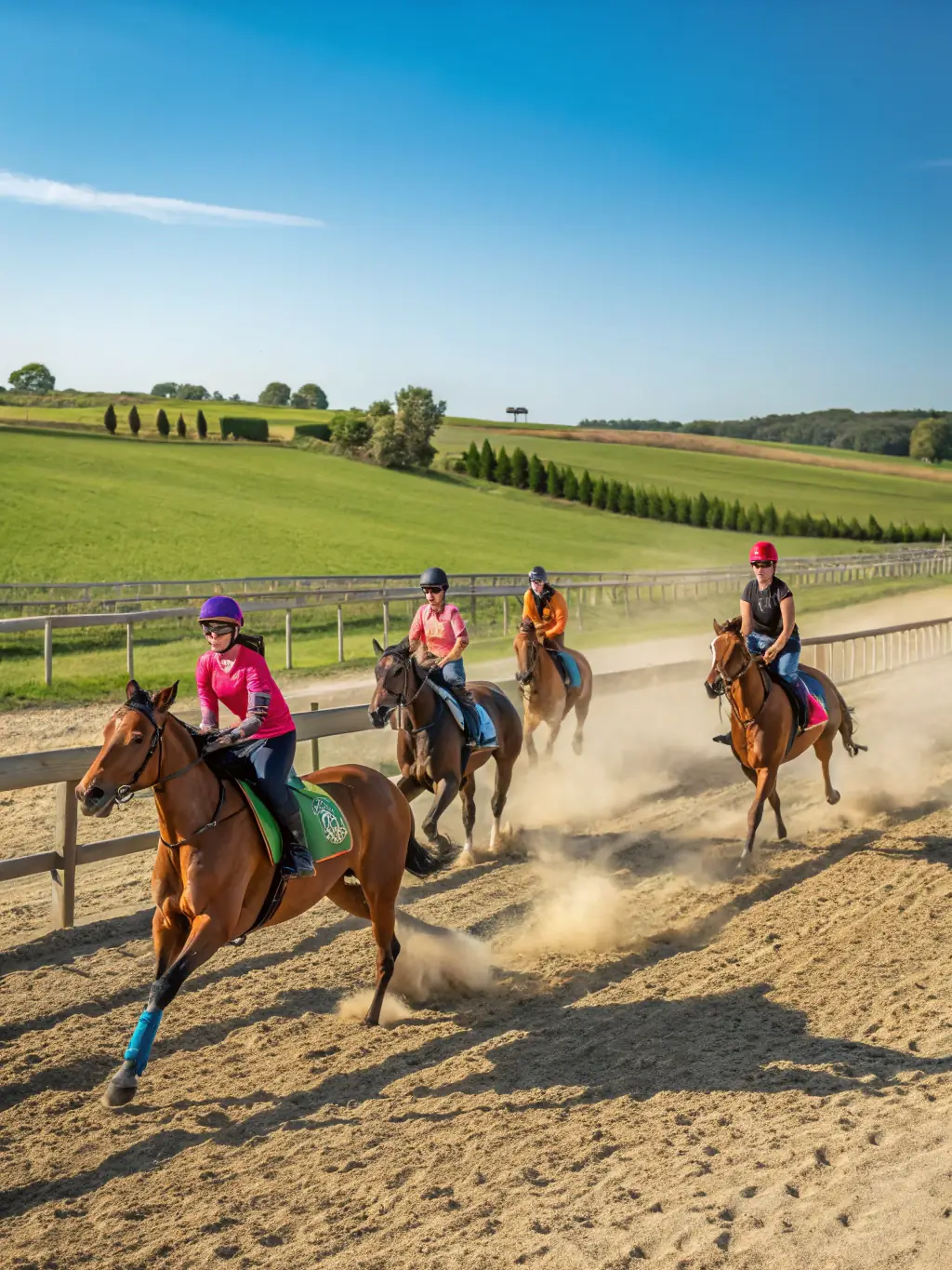 A dynamic image of participants in a community equestrian program, showcasing diverse individuals engaging in horseback riding and related activities.