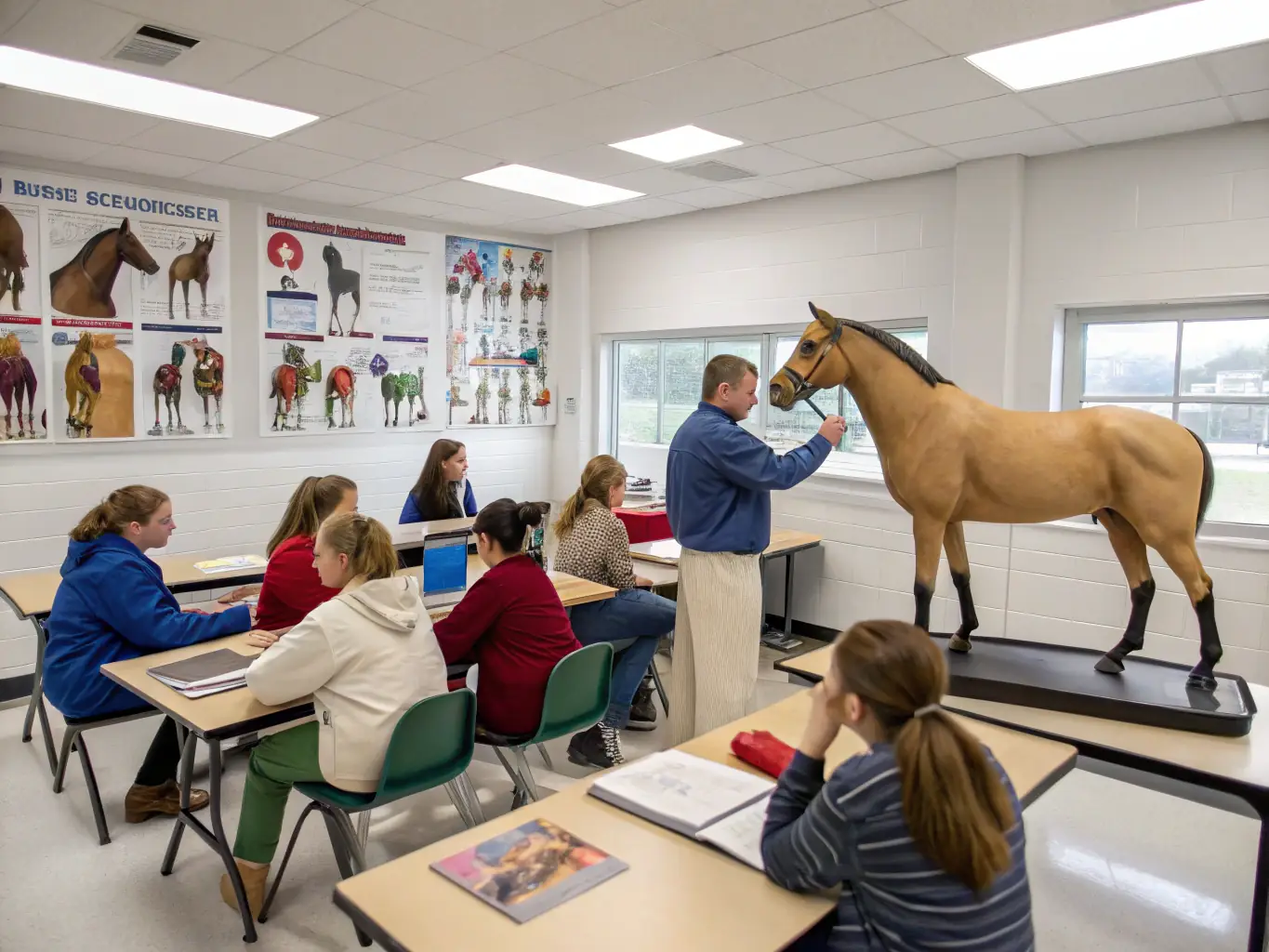 A classroom setting where participants are learning about horse care and management from an experienced equestrian professional.