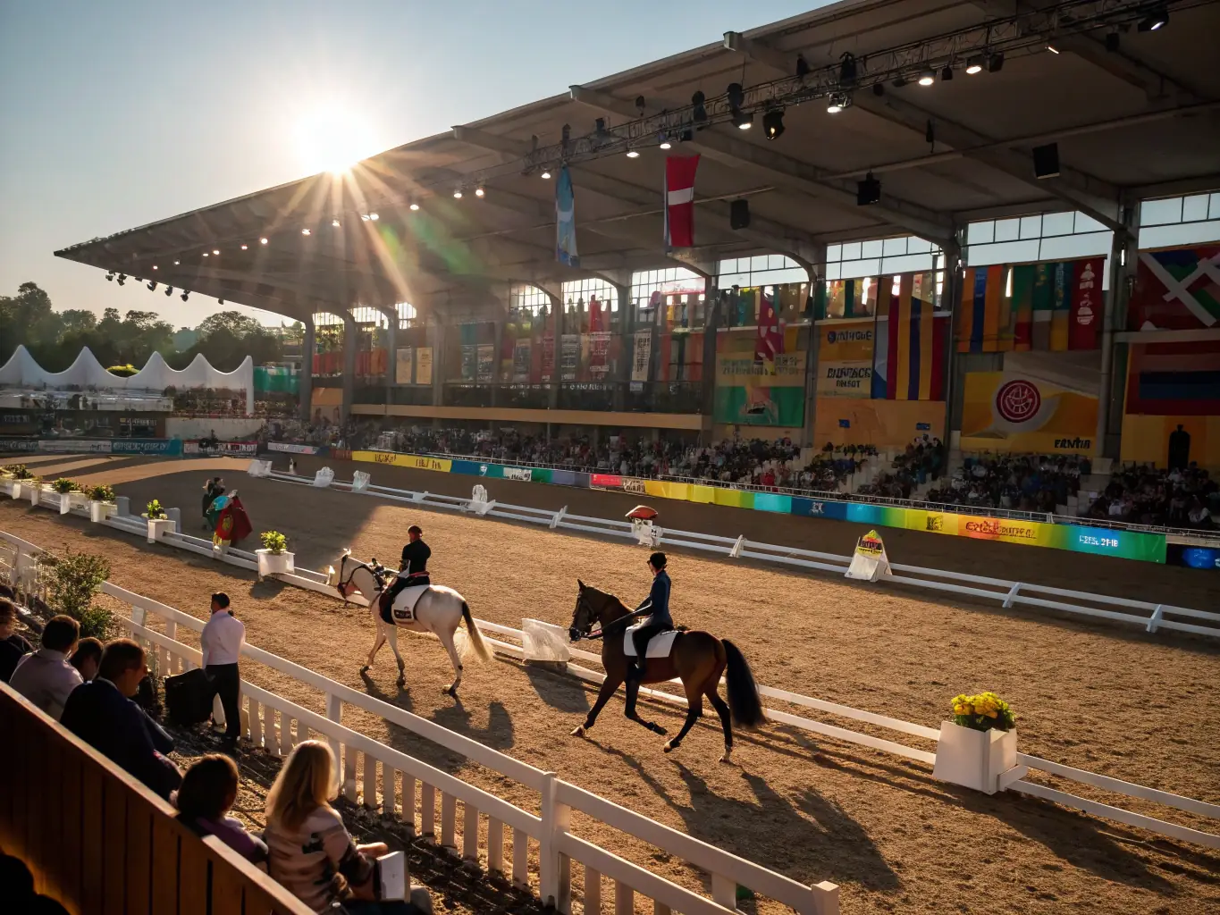 A vibrant scene from an equestrian festival, featuring horses, riders, and spectators enjoying various competitions and cultural performances.