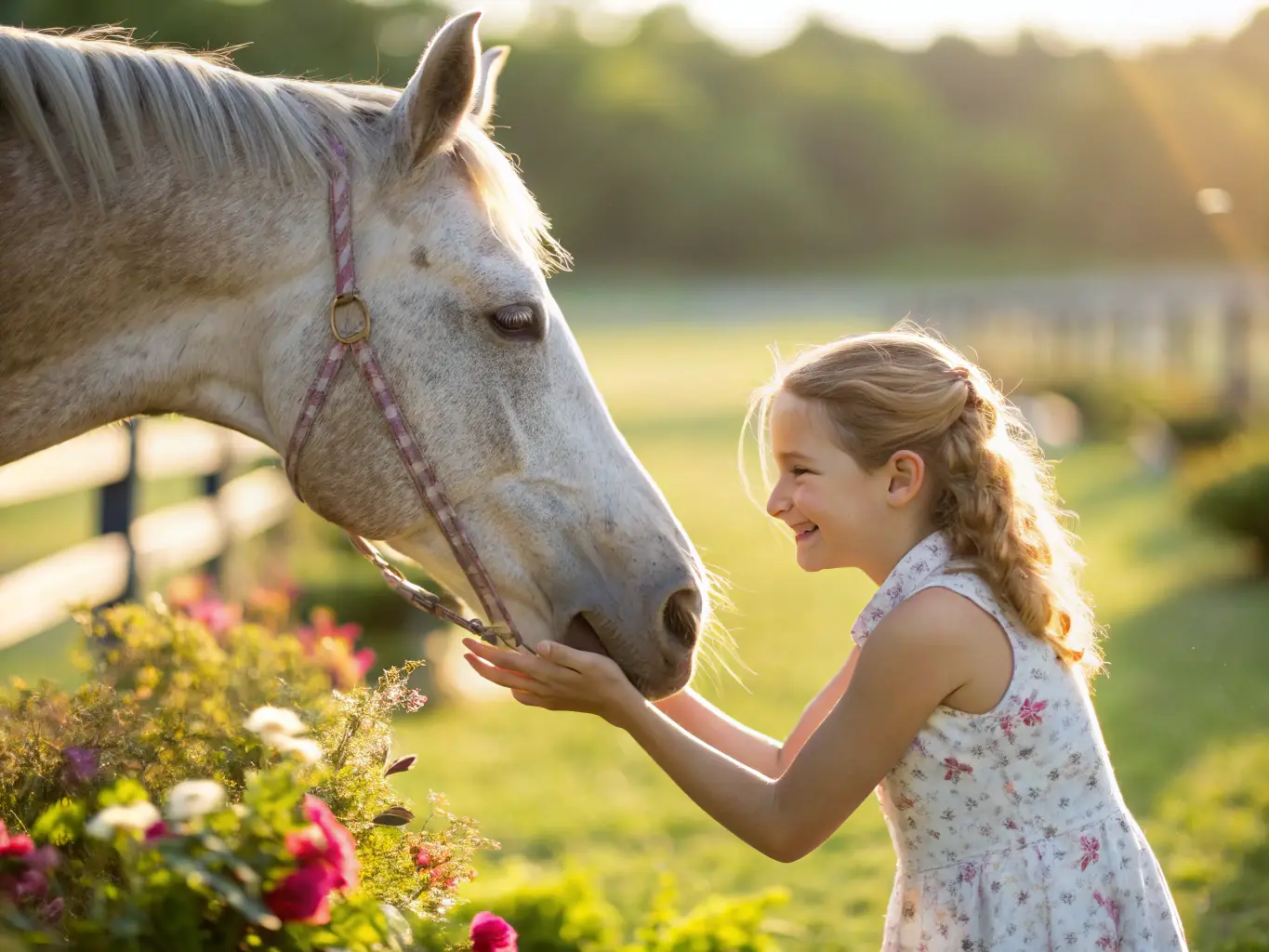 A group of children laughing and interacting with a horse during a therapeutic riding session, showcasing the inclusive nature of the program.